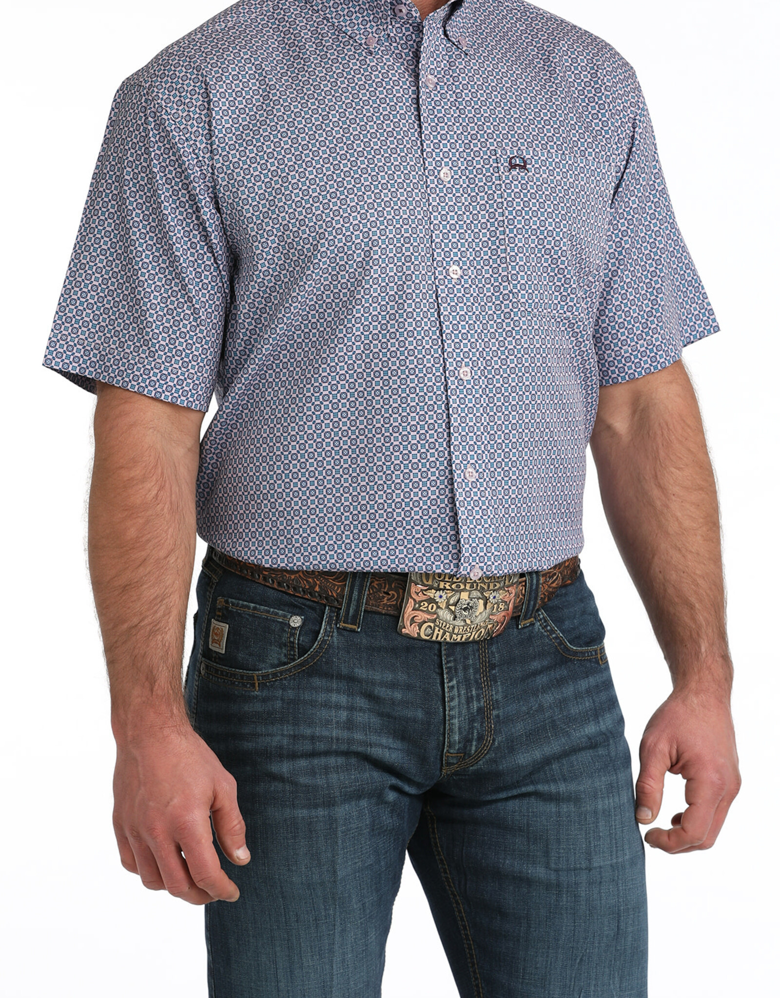 Cinch Mens Cinch Lilac Print Short Sleeve Arena Flex Western Button Shirt