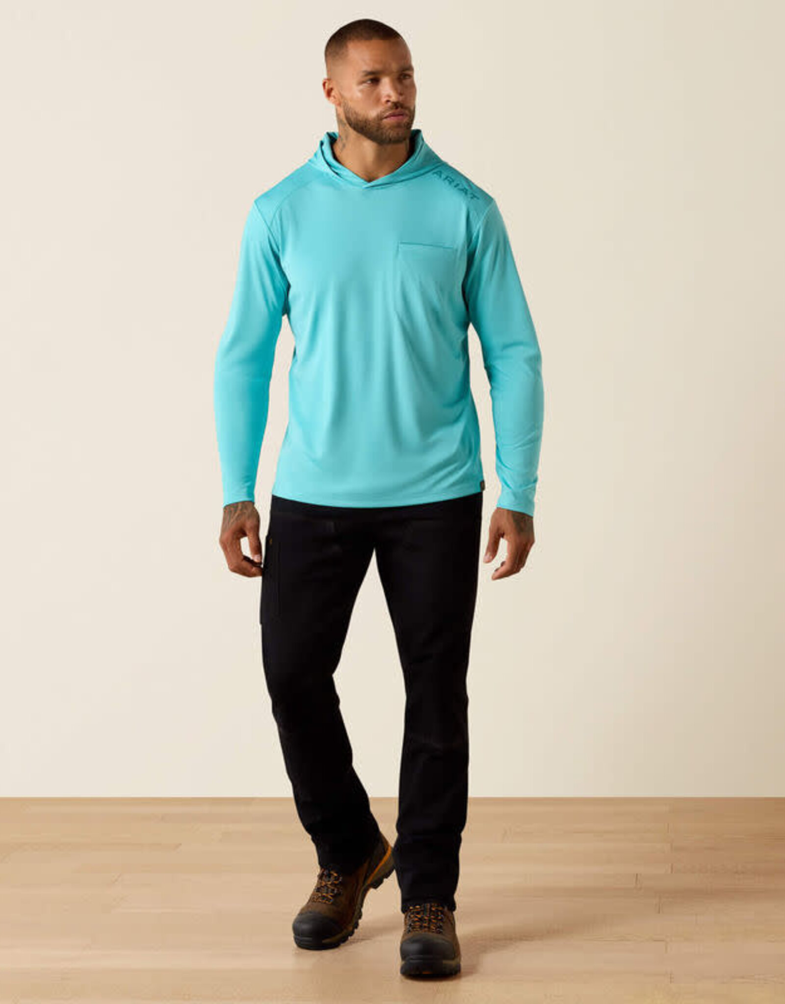 Ariat Mens Ariat Turquoise Blue Rebar Sun Blocker Hooded Long Sleeve T-Shirt