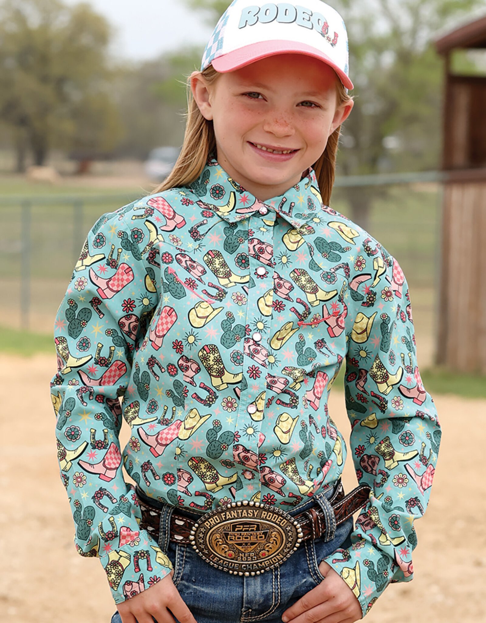 Girls Cruel Girl Long Sleeve Western Cowgirl Motif Pattern Pearl Snap Shirt