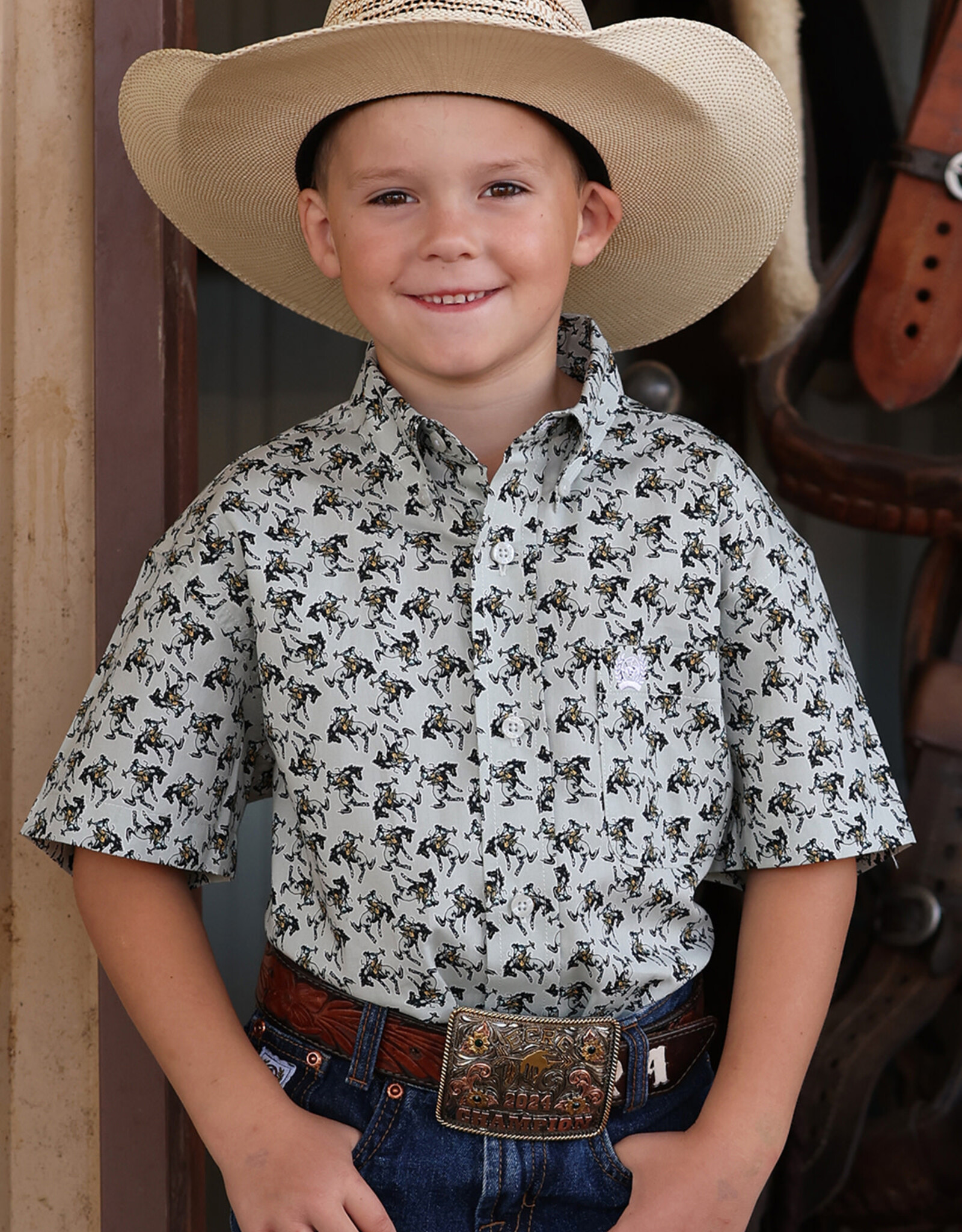 Cinch Boys Cinch Grey Bucking Horse Short Sleeve Button Western Camp Shirt