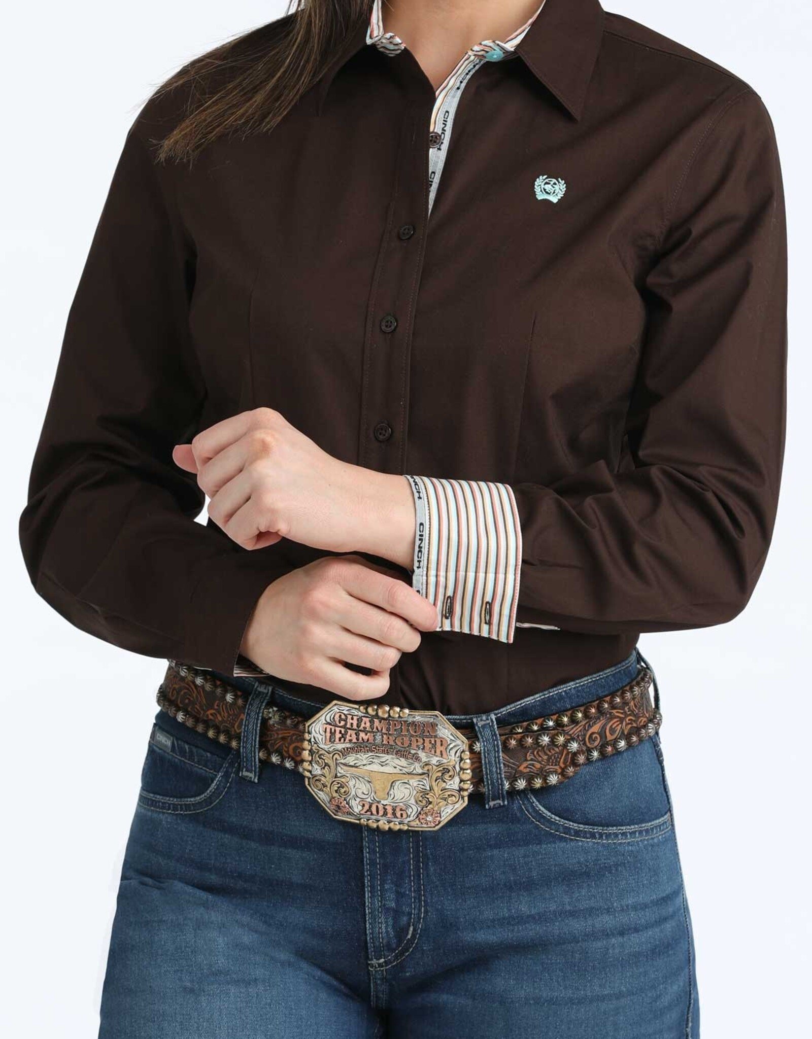 Cinch Womens Cinch Solid Brown Arena Fit Stretch Long Sleeve Button Western Shirt