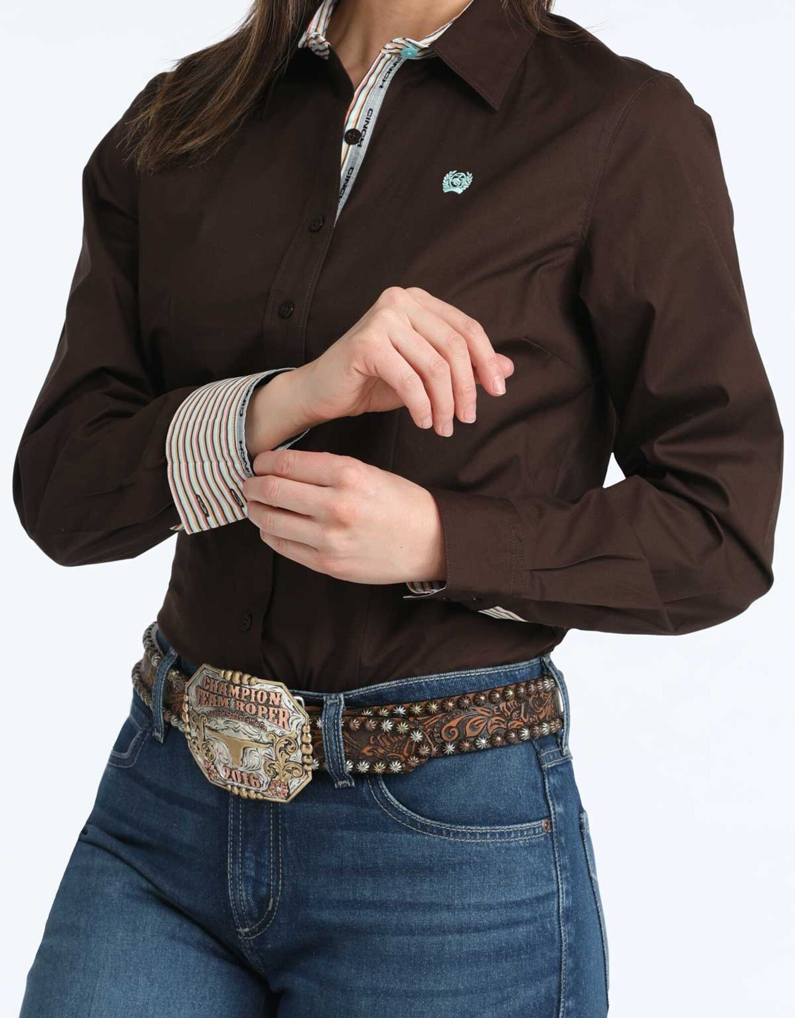 Cinch Womens Cinch Solid Brown Arena Fit Stretch Long Sleeve Button Western Shirt