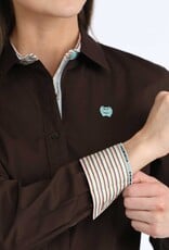 Cinch Womens Cinch Solid Brown Arena Fit Stretch Long Sleeve Button Western Shirt