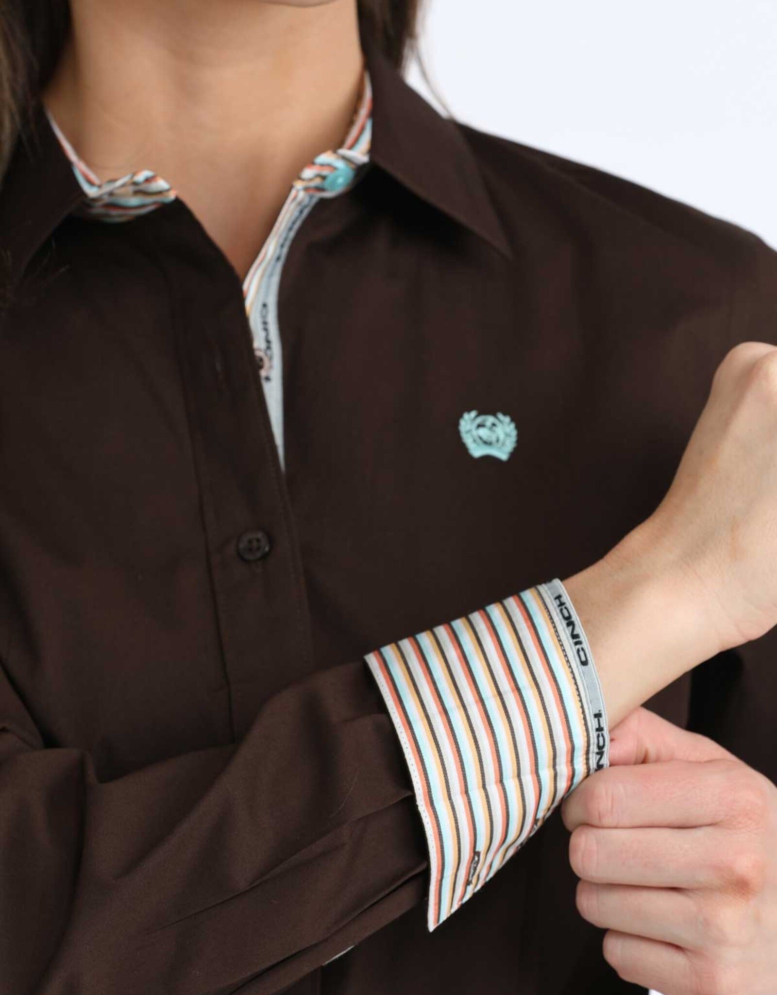 Cinch Womens Cinch Solid Brown Arena Fit Stretch Long Sleeve Button Western Shirt