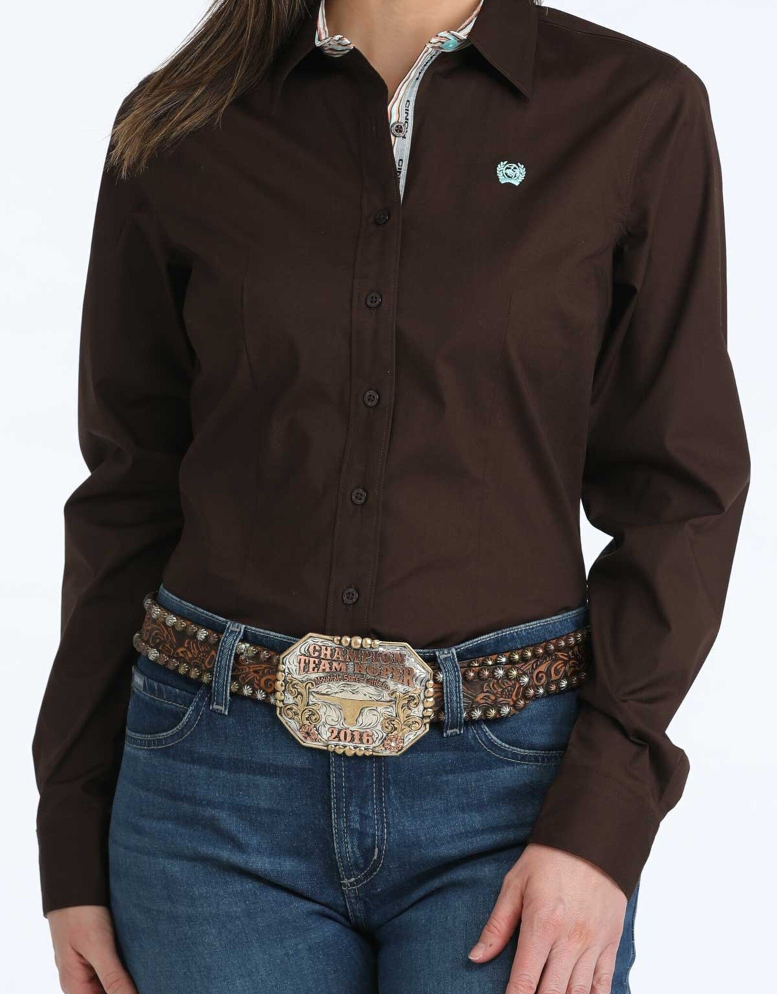 Cinch Womens Cinch Solid Brown Arena Fit Stretch Long Sleeve Button Western Shirt