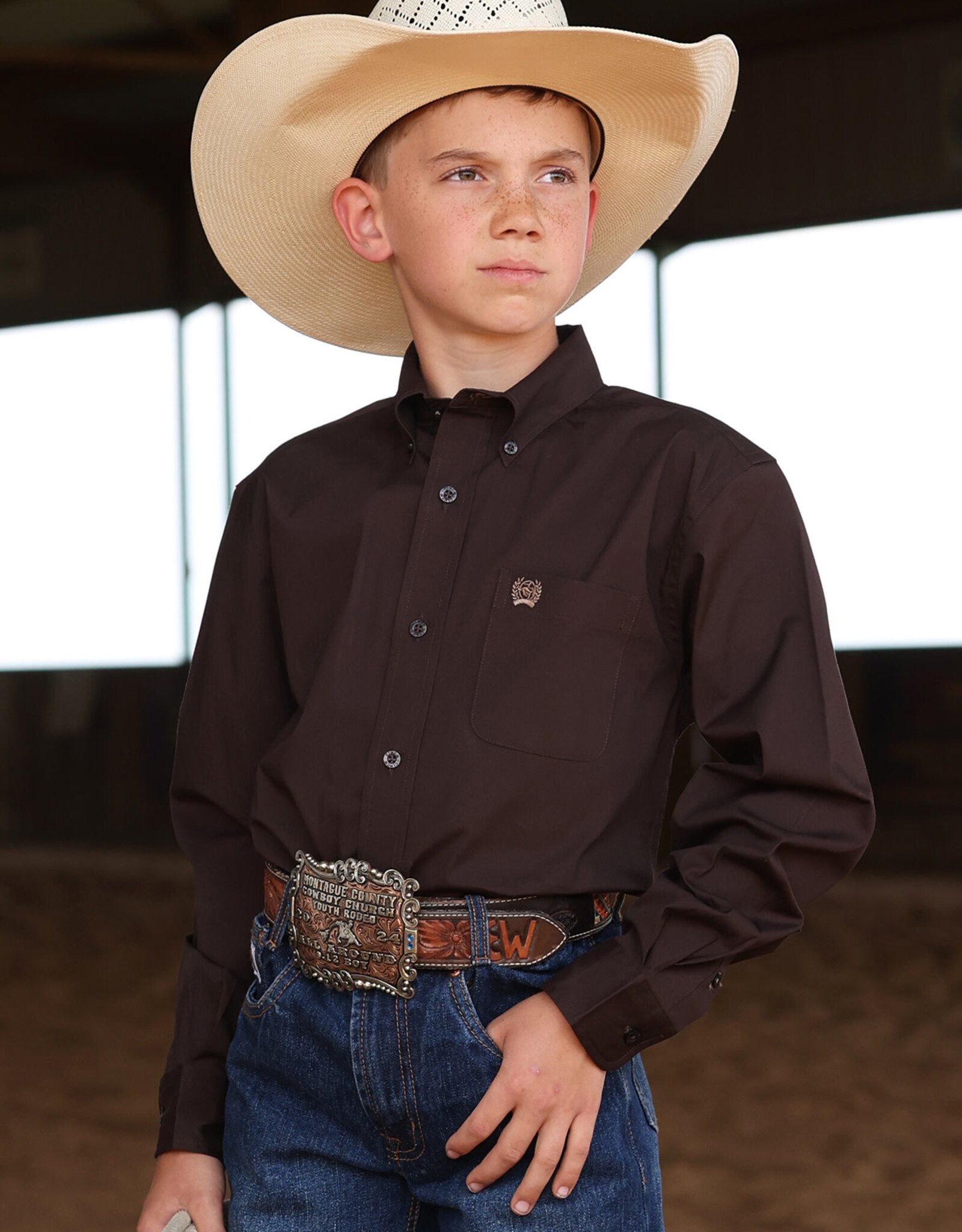 Cinch Boys Cinch Solid Chocolate Brown Stretch Long Sleeve Button Western Shirt