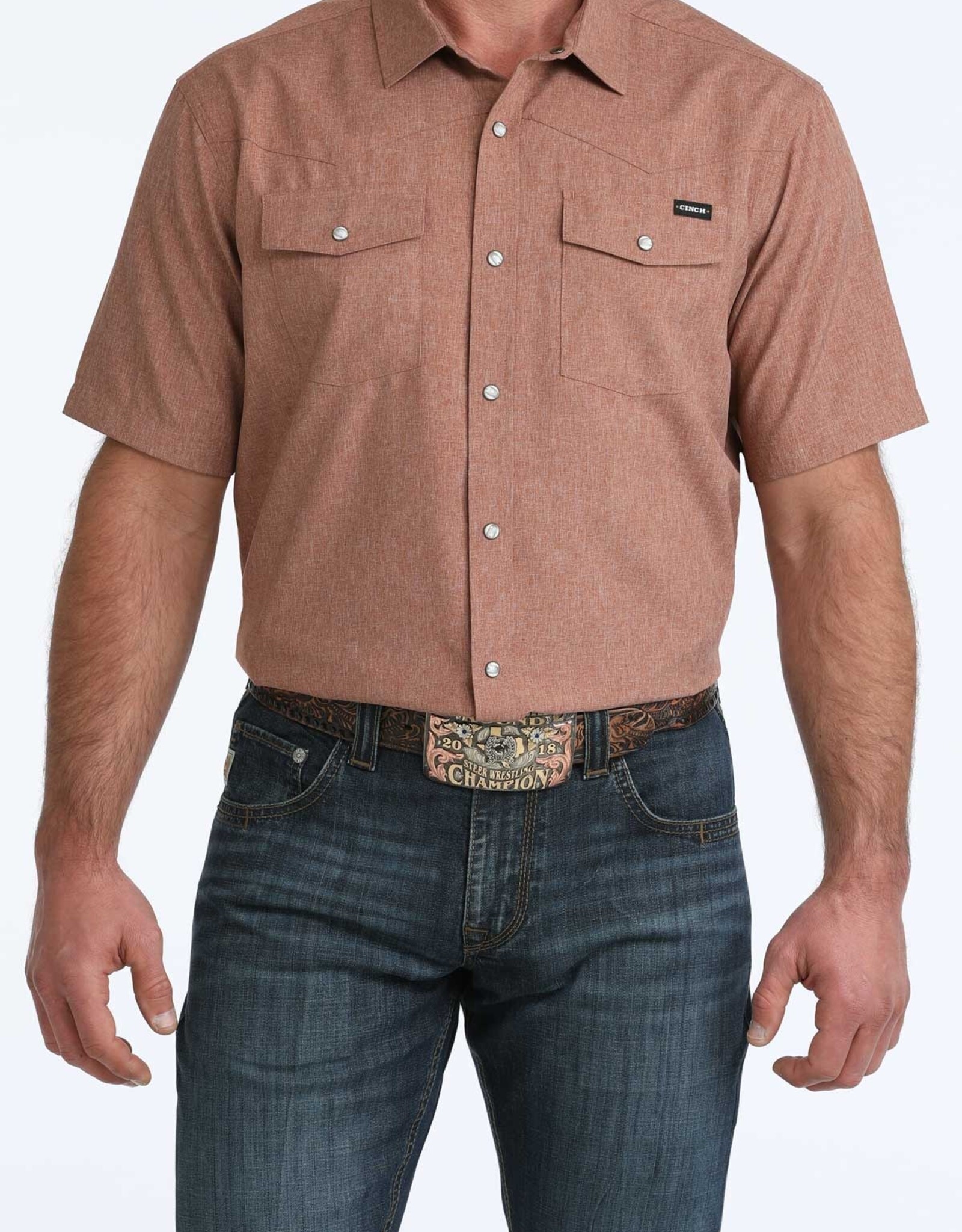 Cinch Mens Cinch Heather Brown Short Sleeve Arena Flex Western Snap Camp Shirt
