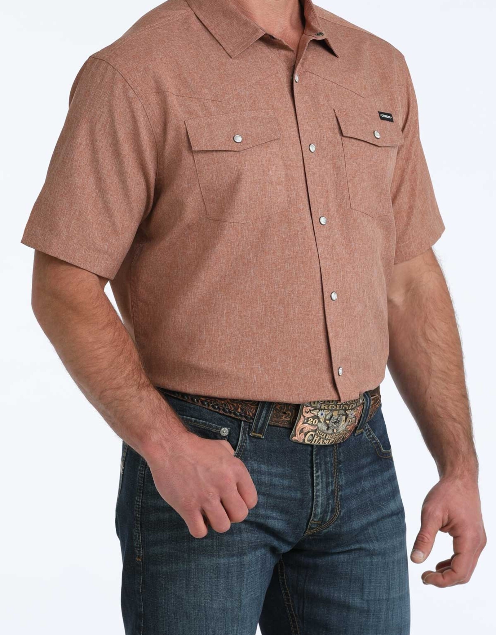 Cinch Mens Cinch Heather Brown Short Sleeve Arena Flex Western Snap Camp Shirt