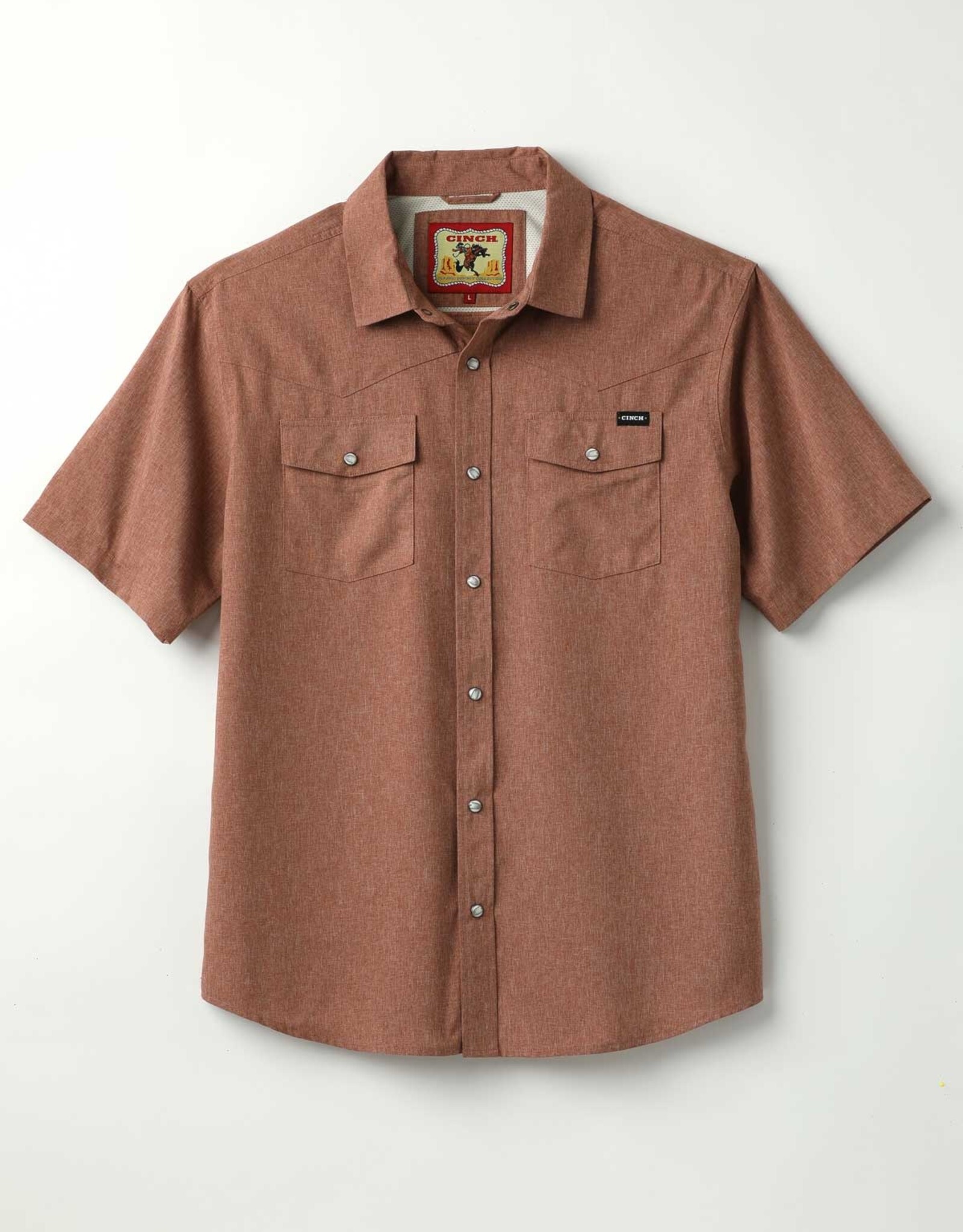 Cinch Mens Cinch Heather Brown Short Sleeve Arena Flex Western Snap Camp Shirt