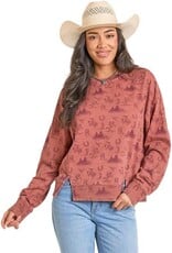 Womens Rock N Roll Rust Cowboy Print Pullover Sweatshirt