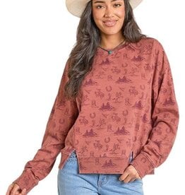 Womens Rock N Roll Rust Cowboy Print Pullover Sweatshirt