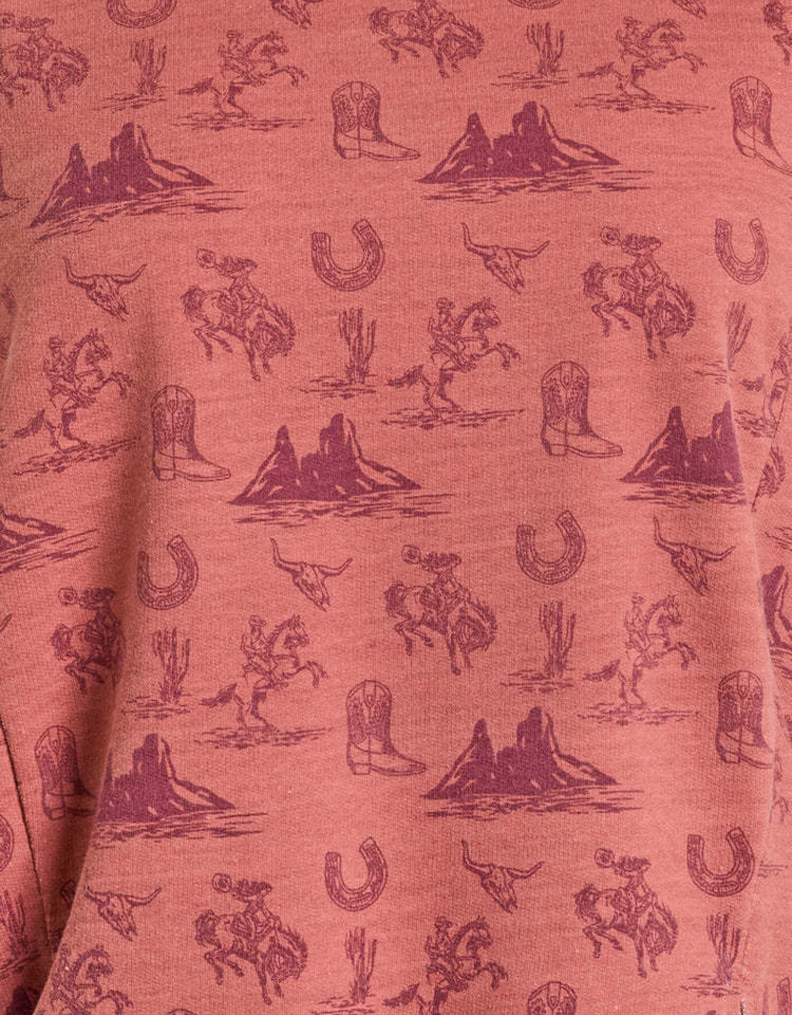 Womens Rock N Roll Rust Cowboy Print Pullover Sweatshirt