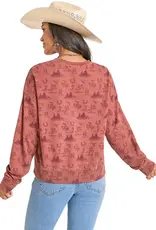 Womens Rock N Roll Rust Cowboy Print Pullover Sweatshirt