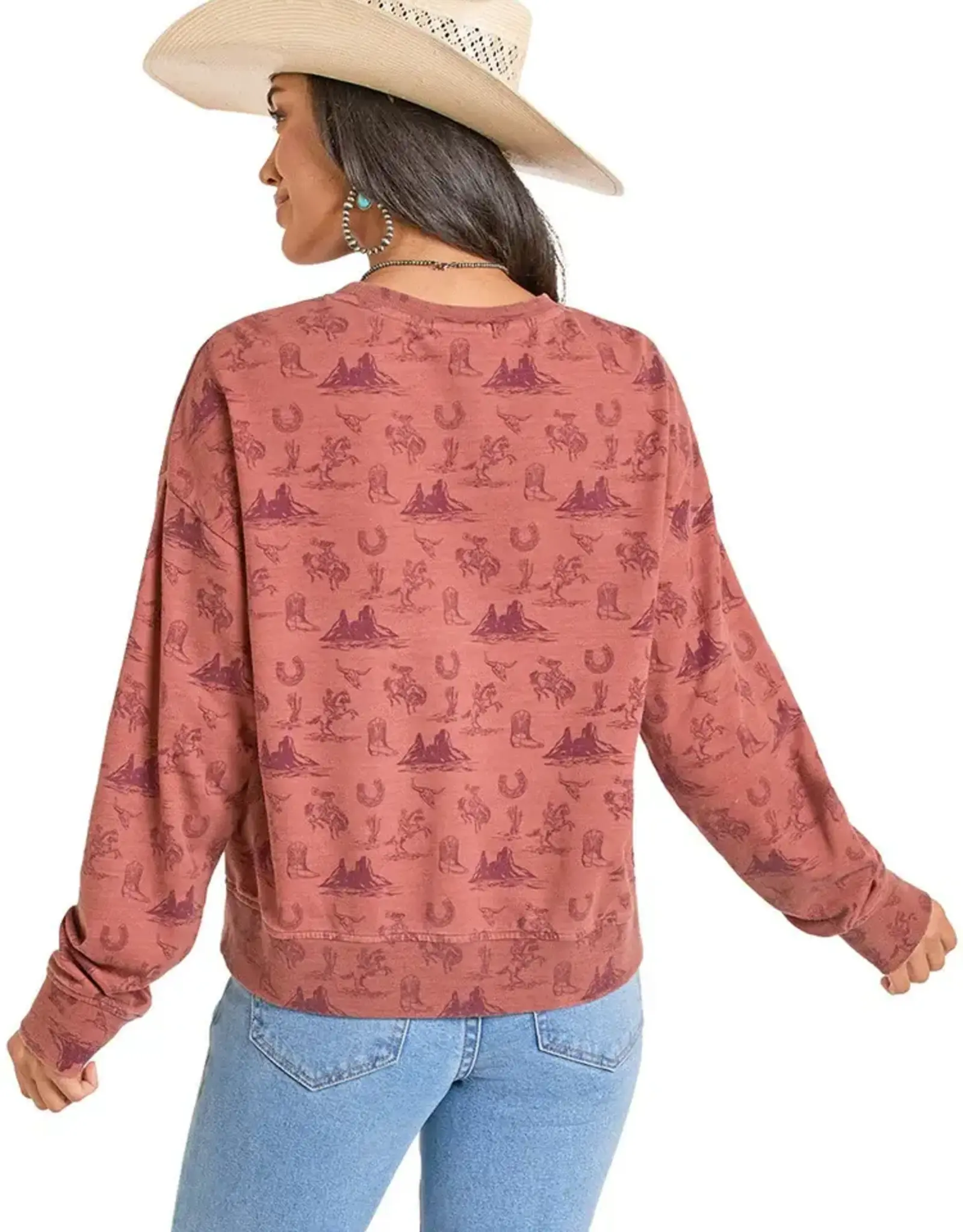 Womens Rock N Roll Rust Cowboy Print Pullover Sweatshirt