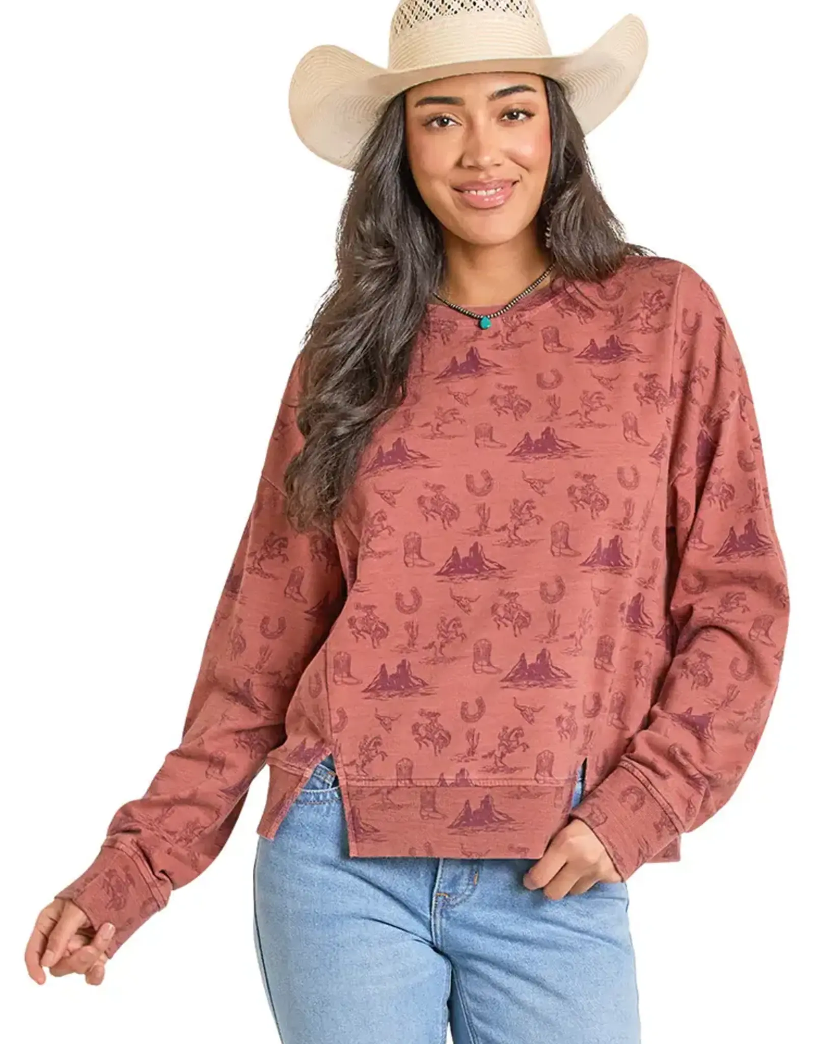 Womens Rock N Roll Rust Cowboy Print Pullover Sweatshirt