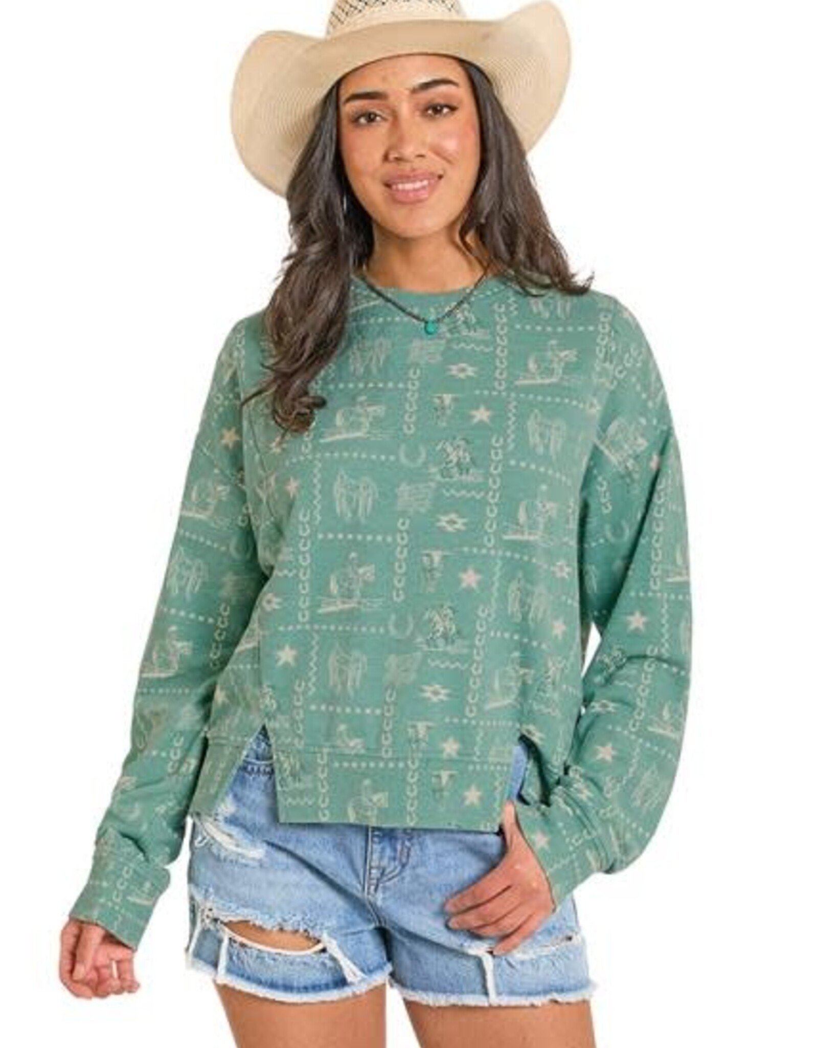 Womens Rock N Roll Light Turquoise Western Cowgirl Print Pullover Sweatshirt