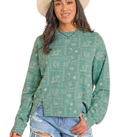 Womens Rock N Roll Light Turquoise Western Cowgirl Print Pullover Sweatshirt