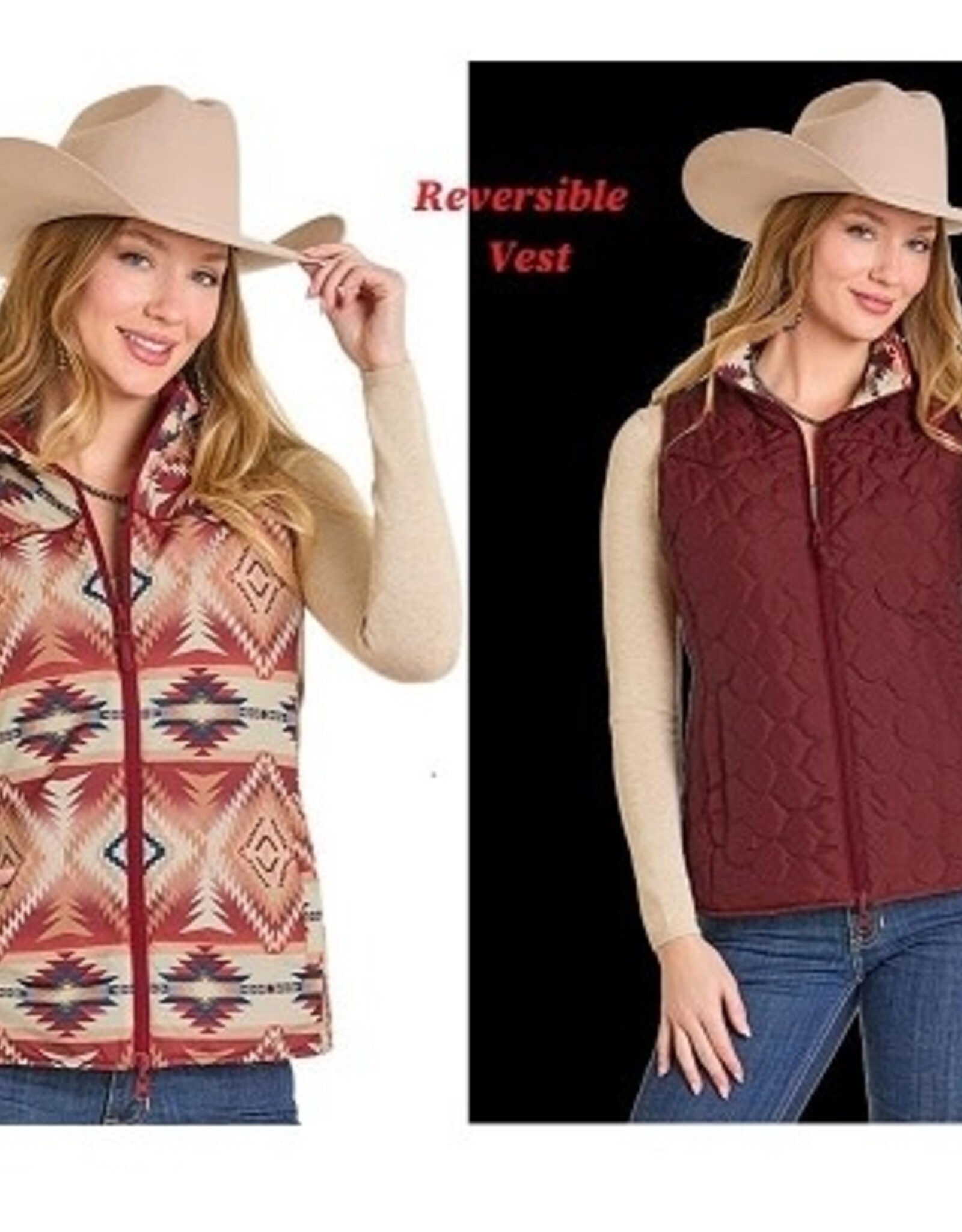 Womens Reversible Burgundy Aztec Western Quilted Puffer Vest