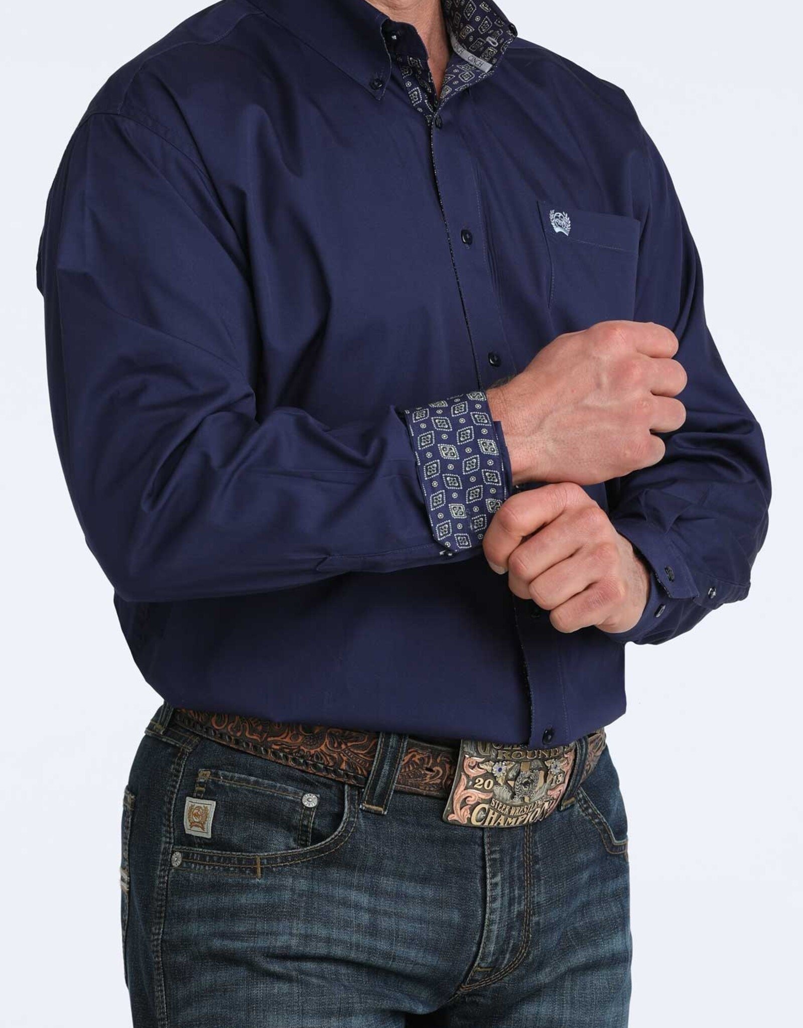 Cinch Mens Classic Cinch Dark Royal Blue Solid Long Sleeve Western Button Shirt
