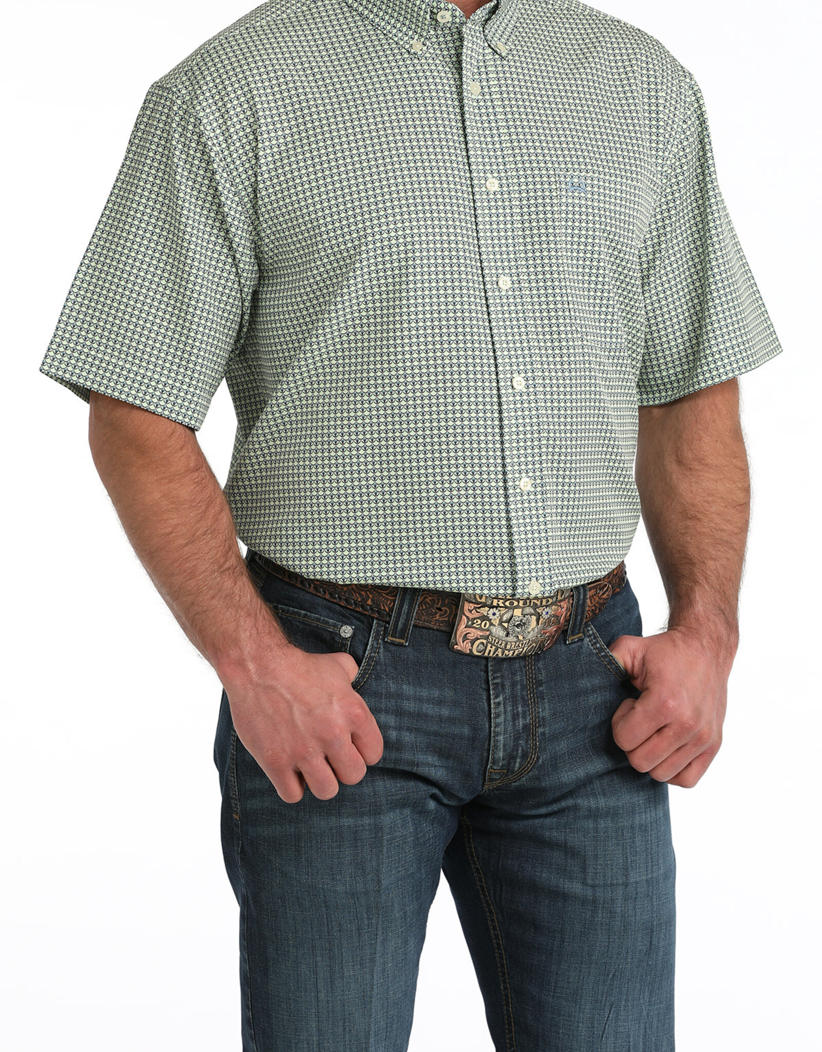 Cinch Mens Cinch Green Print Short Sleeve Arena Flex Western Button Shirt