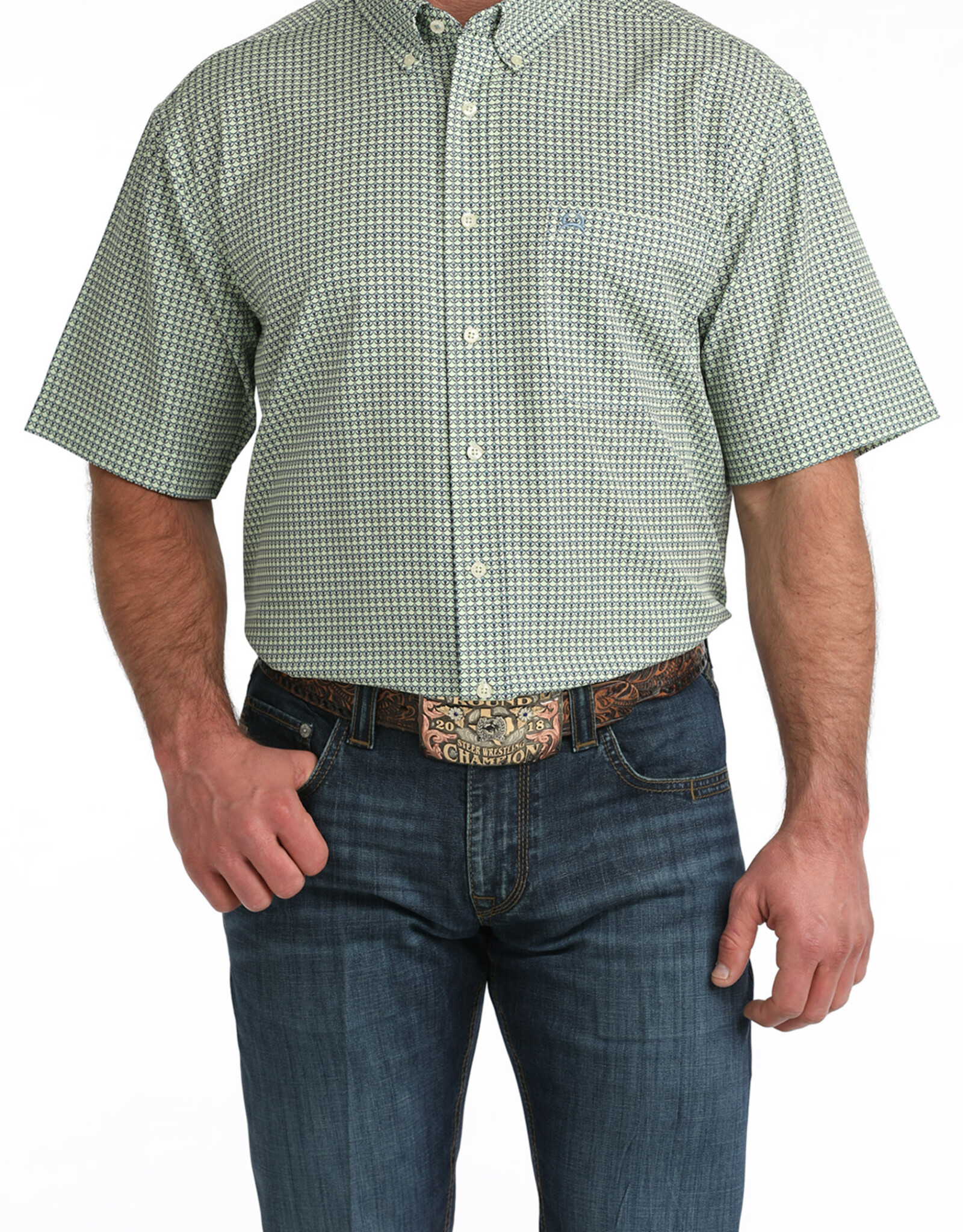 Cinch Mens Cinch Green Print Short Sleeve Arena Flex Western Button Shirt