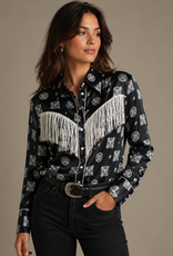 Womens Cowgirl Hardware Black Fringe Long Sleeve Western Snap Shirt