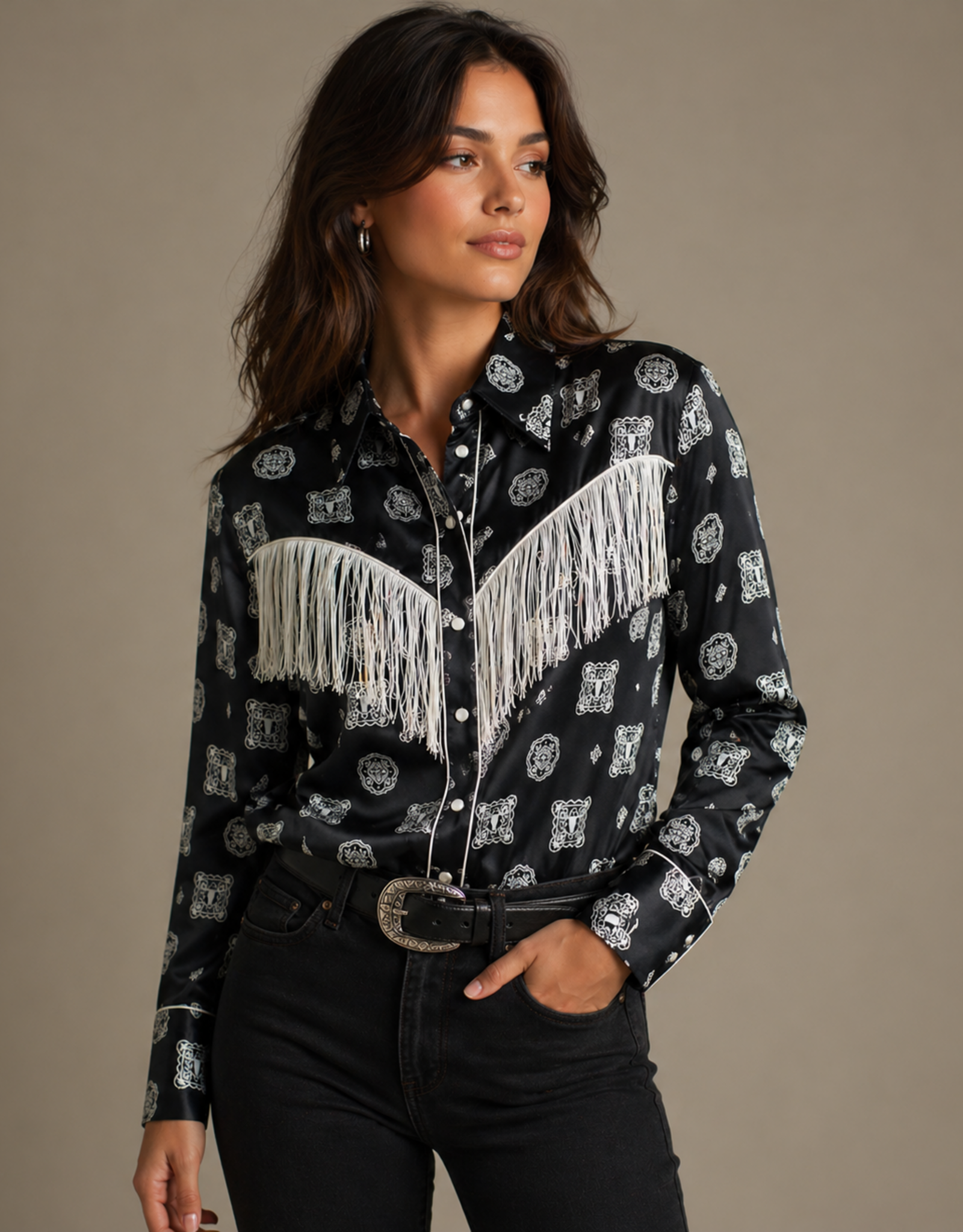 Womens Cowgirl Hardware Black Fringe Long Sleeve Western Snap Shirt