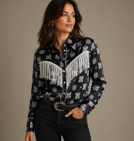 Womens Cowgirl Hardware Black Fringe Long Sleeve Western Snap Shirt