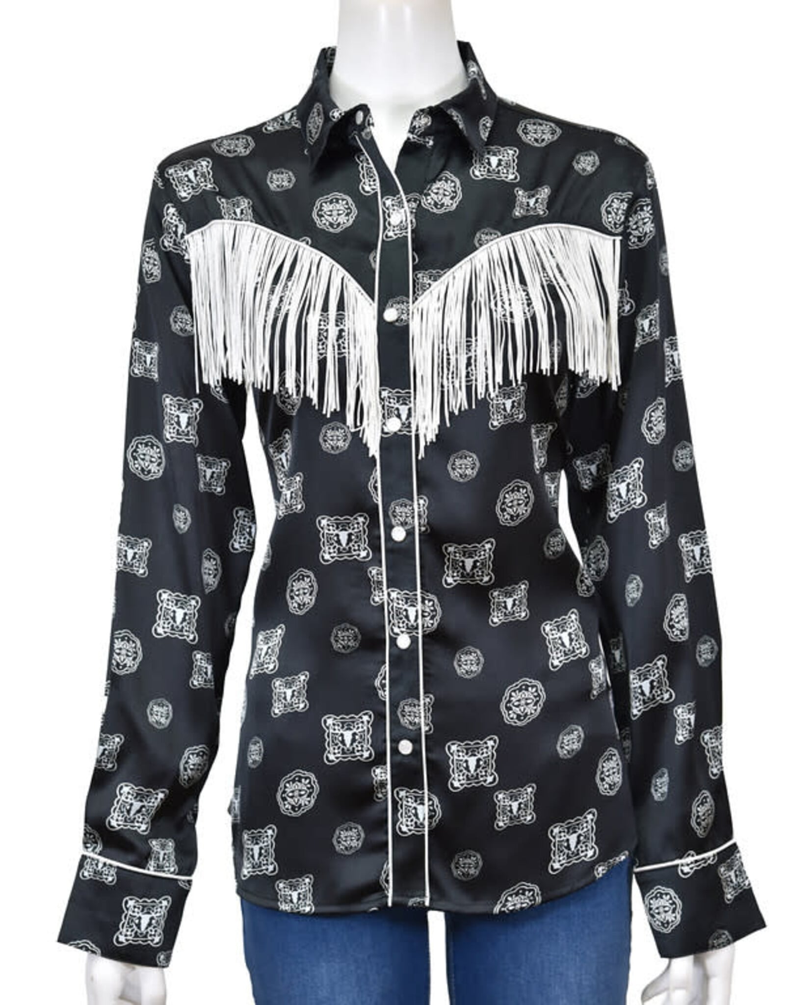 Womens Cowgirl Hardware Black Fringe Long Sleeve Western Snap Shirt