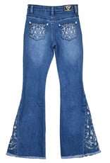 Girls Embroidered Paisley Vine Flare Leg Western Denim Jeans
