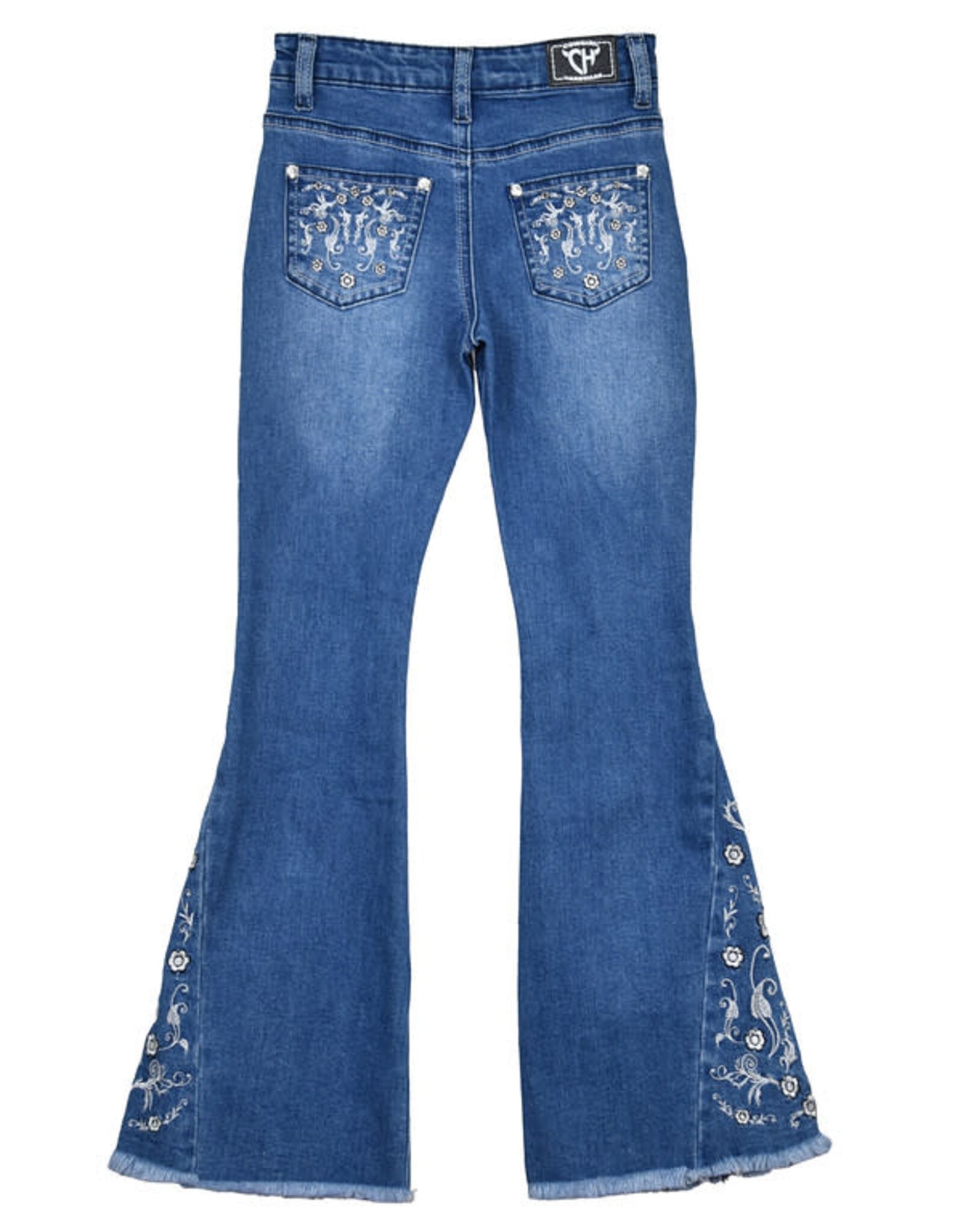 Girls Embroidered Paisley Vine Flare Leg Western Denim Jeans
