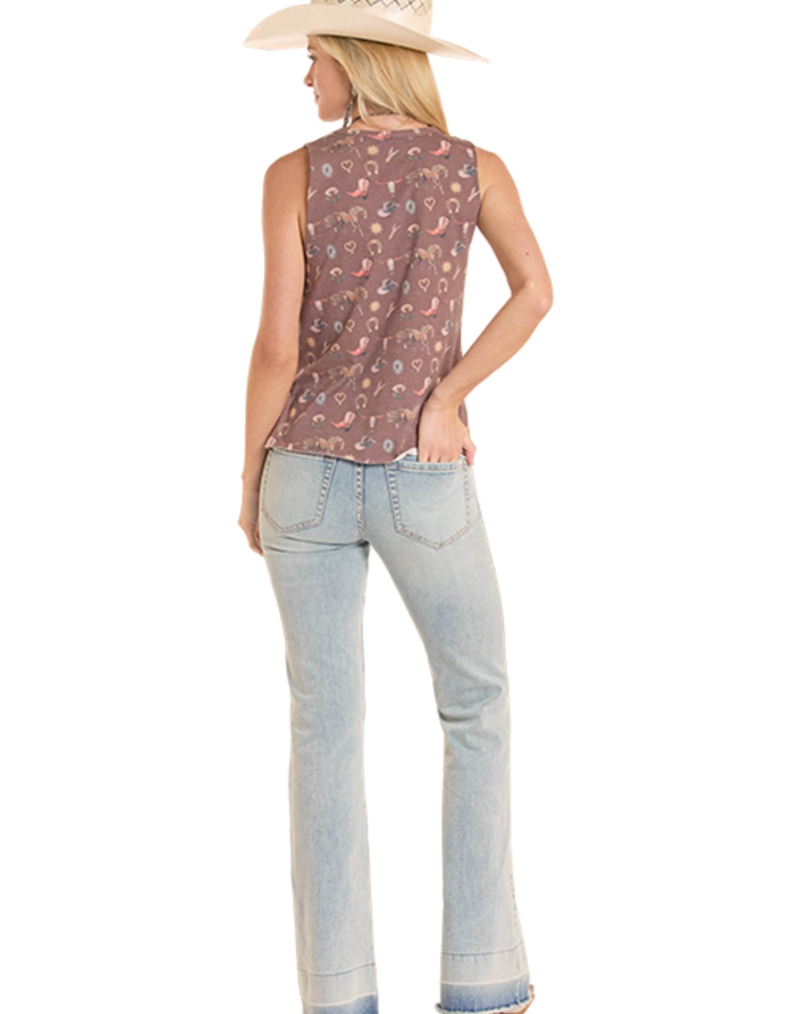 Womens Rock N Roll Mahogany Western Print Raw Edge Tank Top