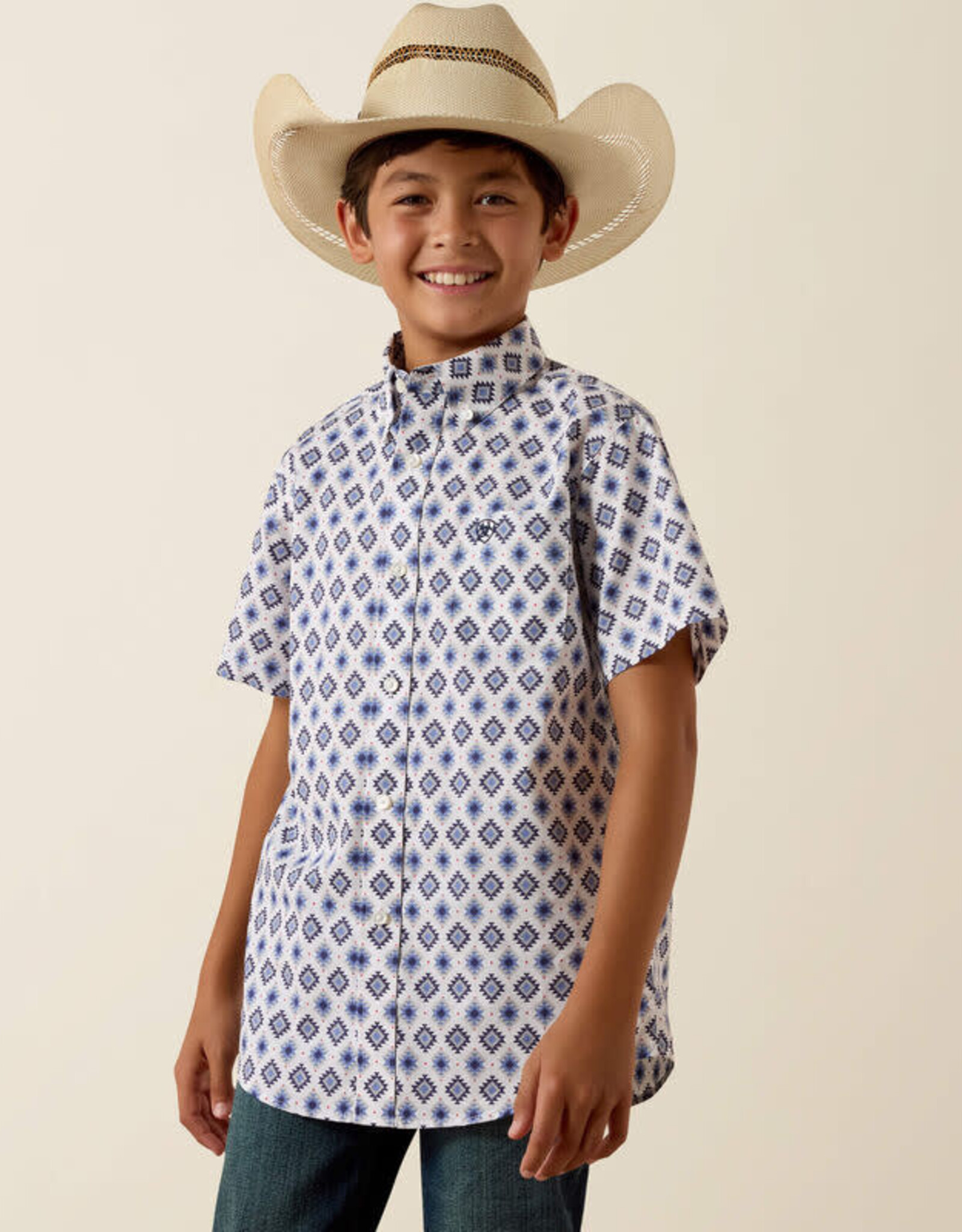 Ariat Boys Ariat White Baxter Southwest Button Short Sleeve Shirt