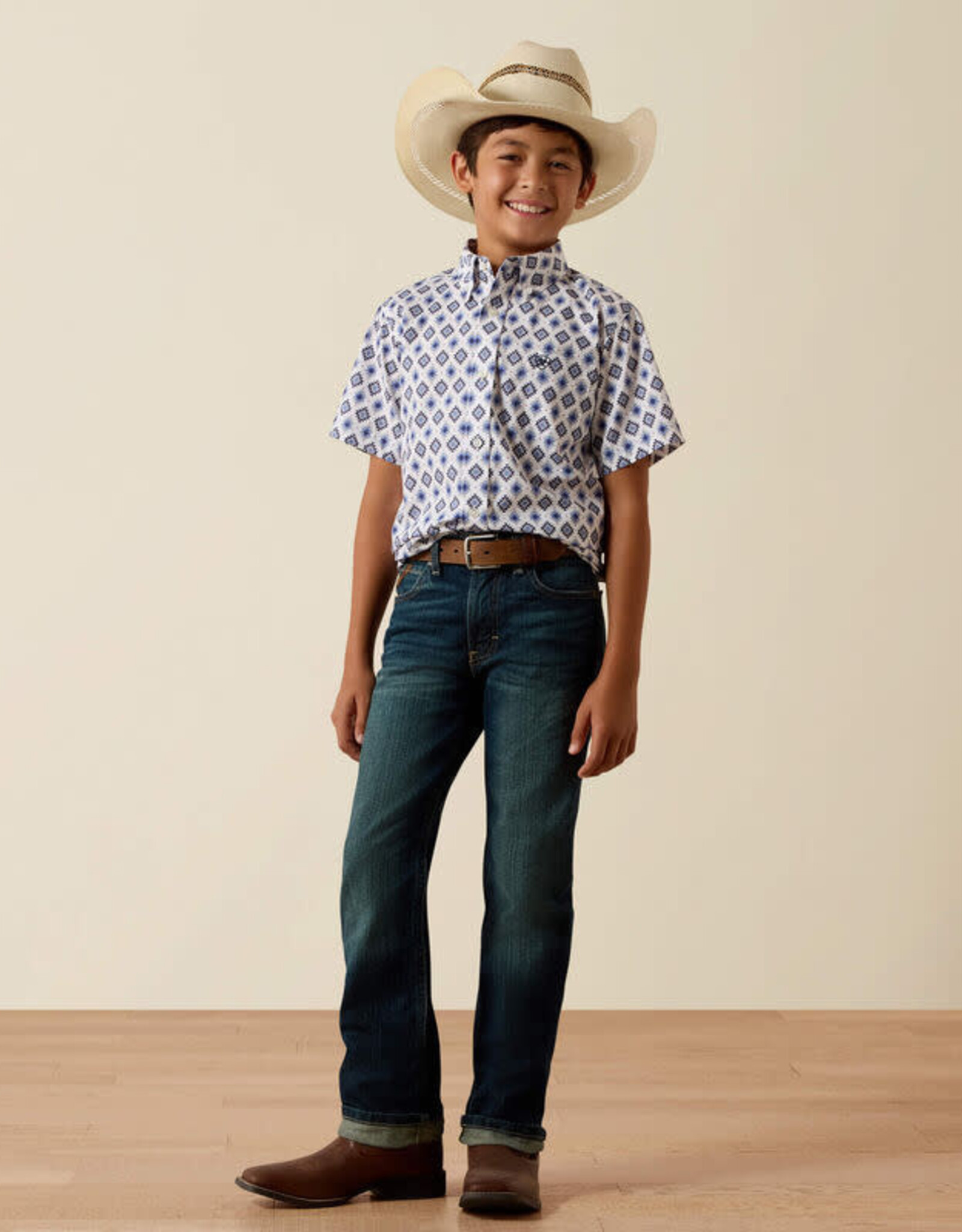 Ariat Boys Ariat White Baxter Southwest Button Short Sleeve Shirt