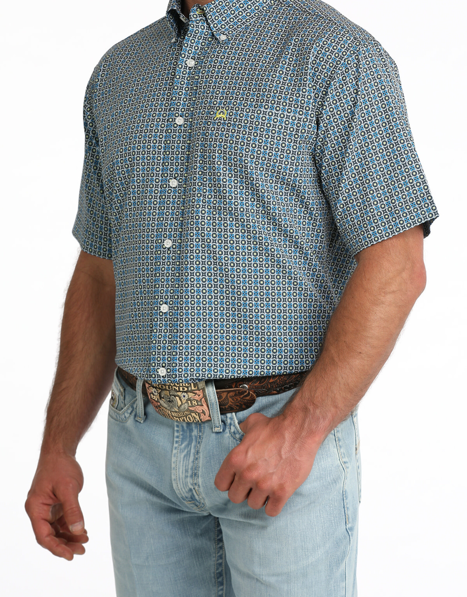 Cinch Mens Cinch Blue Grey Print Short Sleeve Arena Flex Western Button Shirt