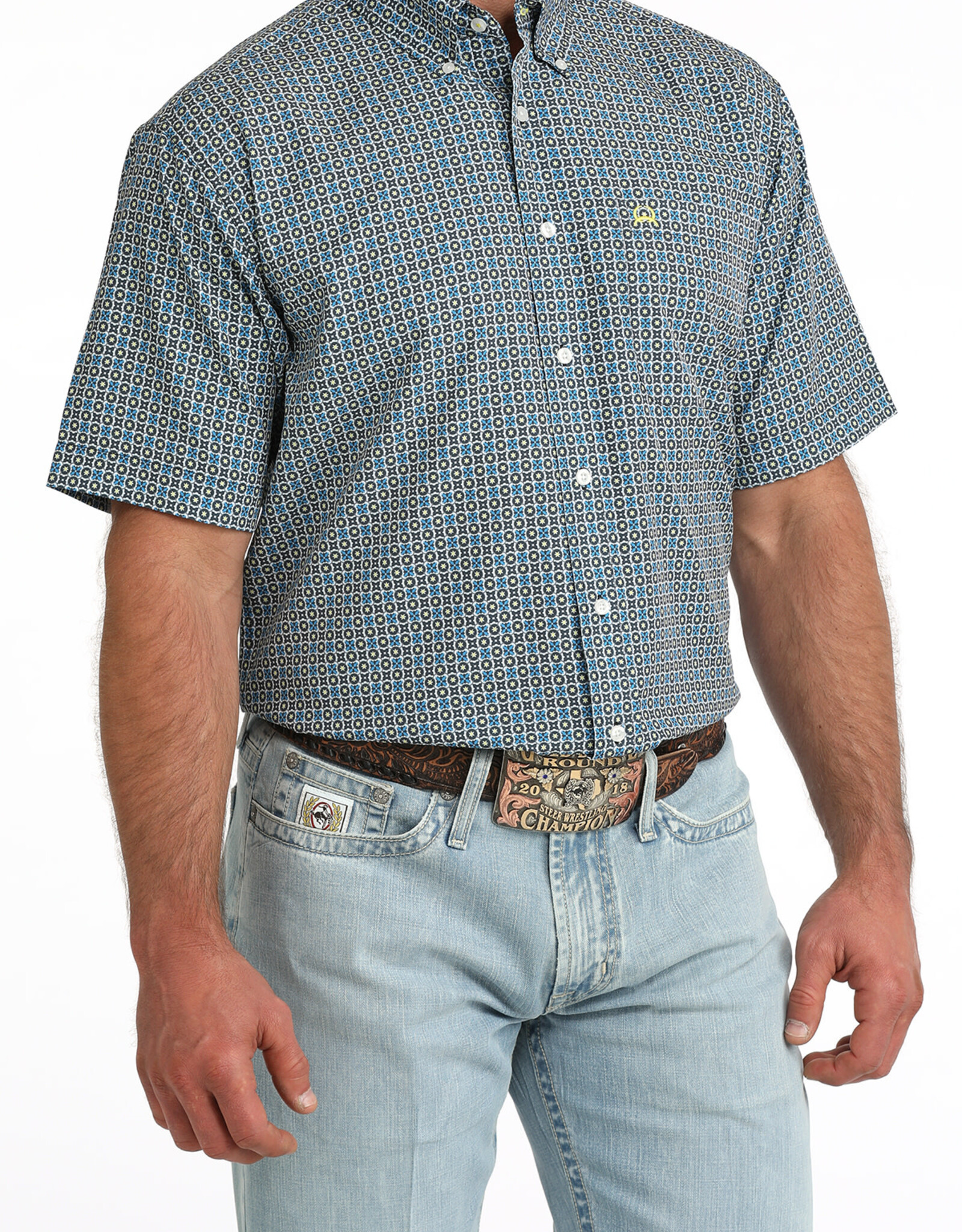 Cinch Mens Cinch Blue Grey Print Short Sleeve Arena Flex Western Button Shirt