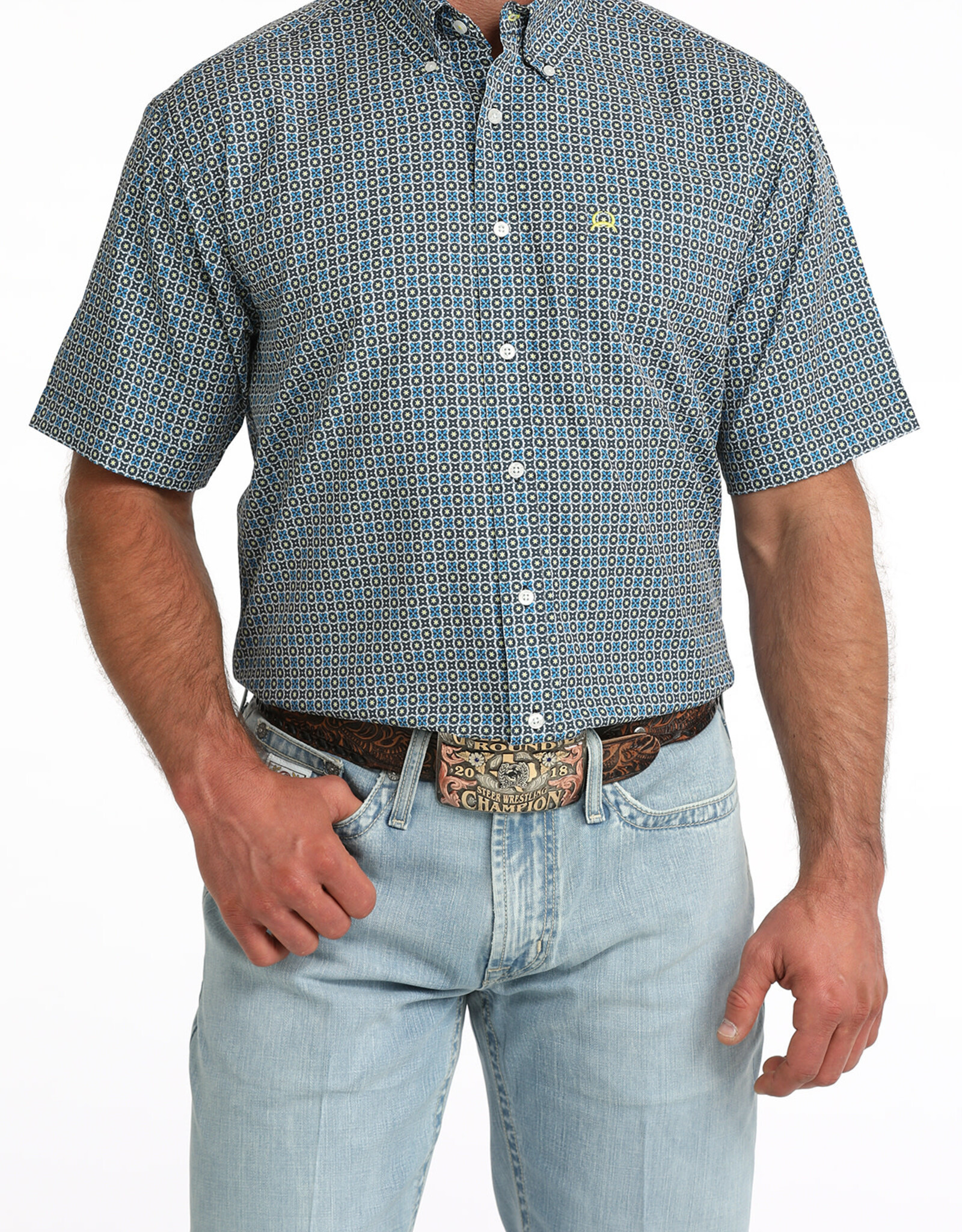 Cinch Mens Cinch Blue Grey Print Short Sleeve Arena Flex Western Button Shirt