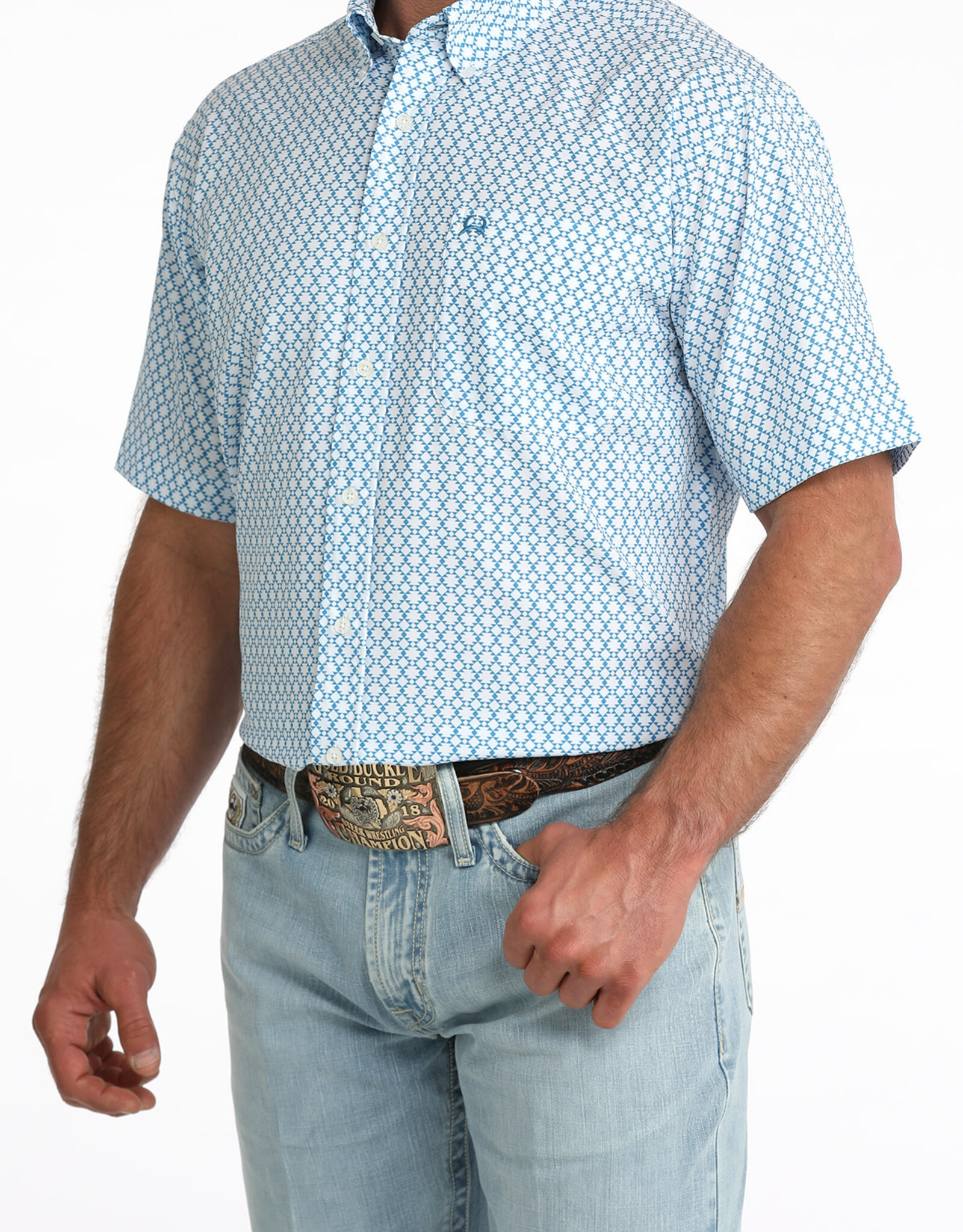 Cinch Mens White Cinch Blue Print Short Sleeve Arena Flex Western Button Shirt