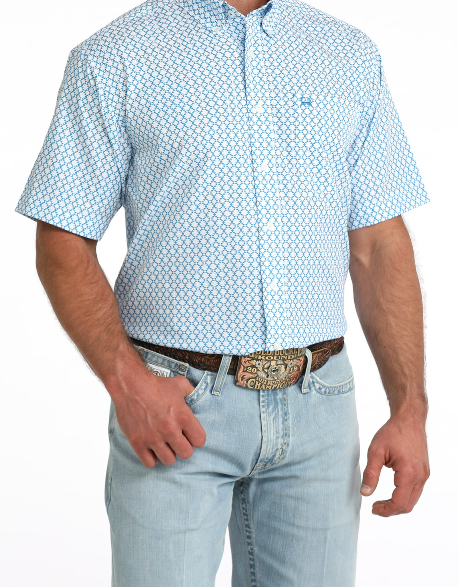 Cinch Mens White Cinch Blue Print Short Sleeve Arena Flex Western Button Shirt