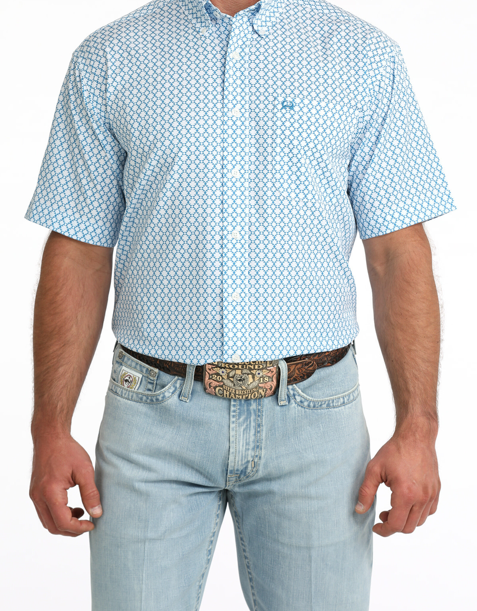 Cinch Mens White Cinch Blue Print Short Sleeve Arena Flex Western Button Shirt