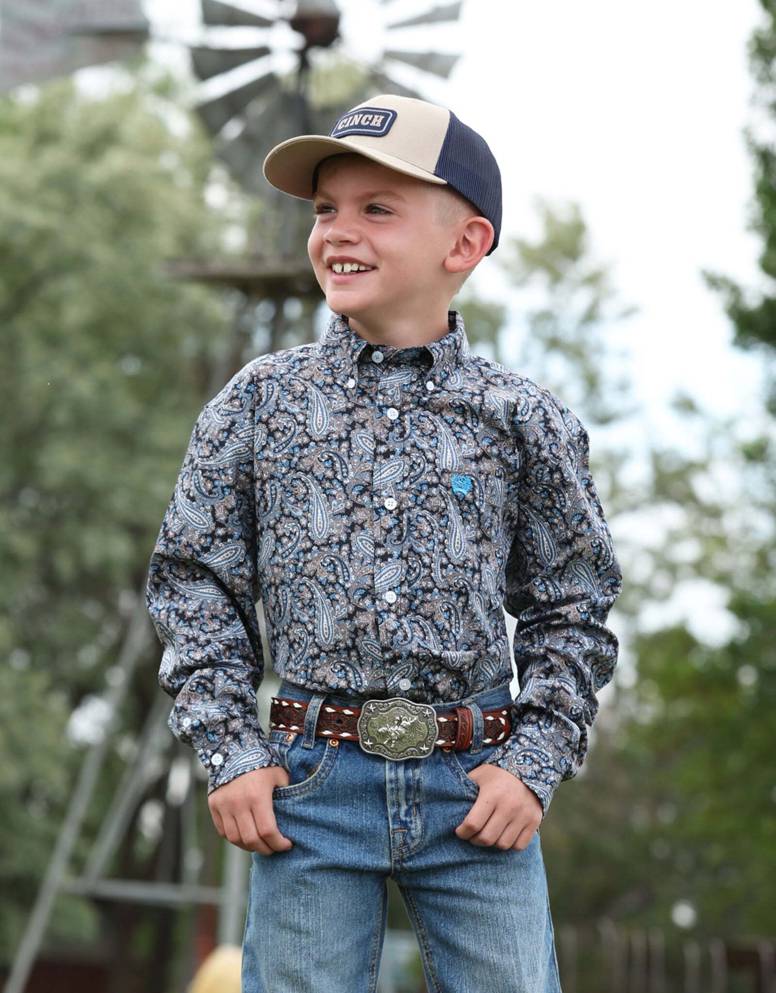 Cinch Boys Cinch Blue Brown Paisley Long Sleeve Button Western Shirt