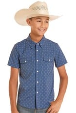 Boys Vented Navy Print TEK Core Short Sleeve Snap Western Shirt