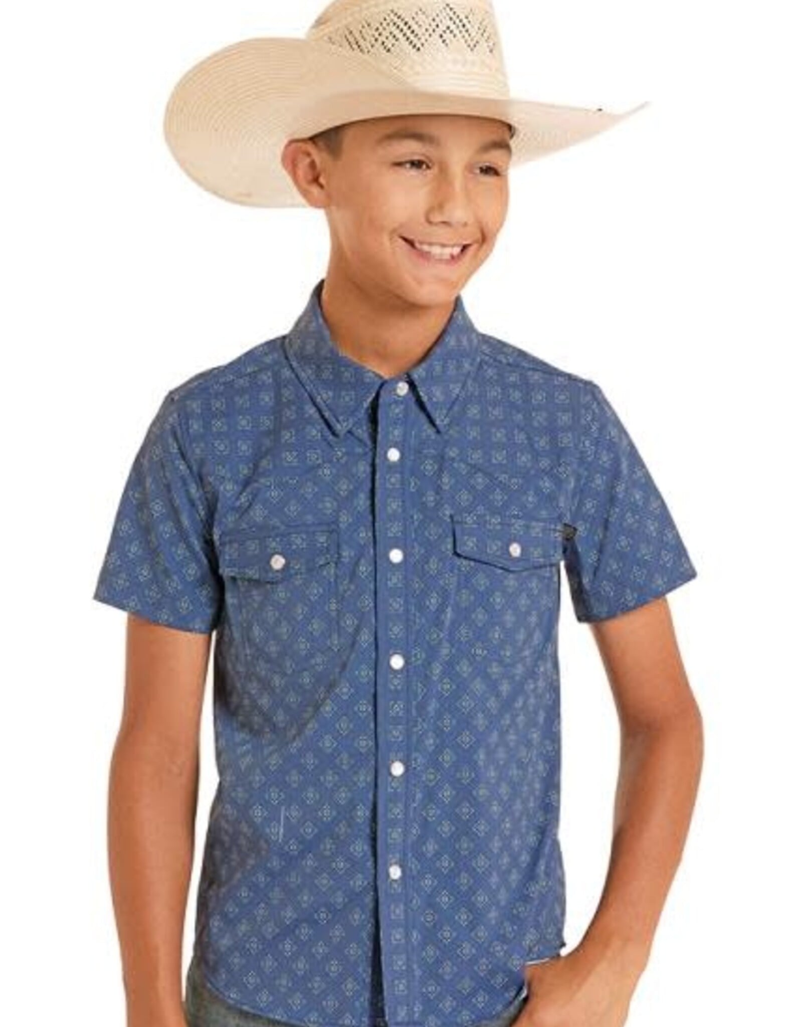 Boys Vented Navy Print TEK Core Short Sleeve Snap Western Shirt