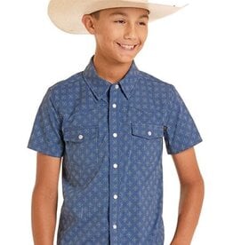 Boys Vented Navy Print TEK Core Short Sleeve Snap Western Shirt