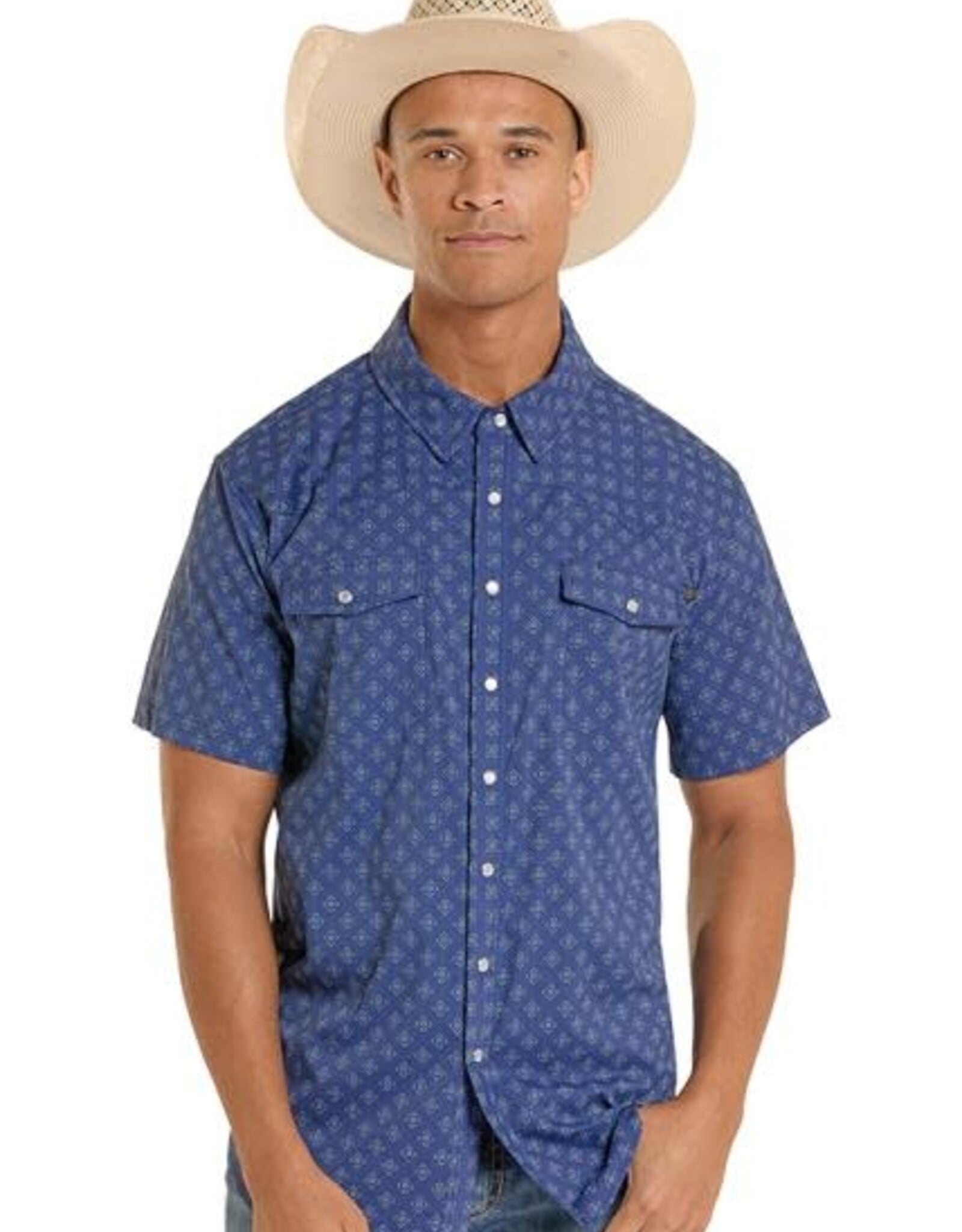 Mens Rock & Roll Navy Print Vented TEK Core Short  Sleeve Snap Shirt
