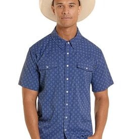 Mens Rock & Roll Navy Print Vented TEK Core Short  Sleeve Snap Shirt