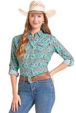 Womens Vented Turquoise TEK Ripstop Cactus Print Western Snap Shirt