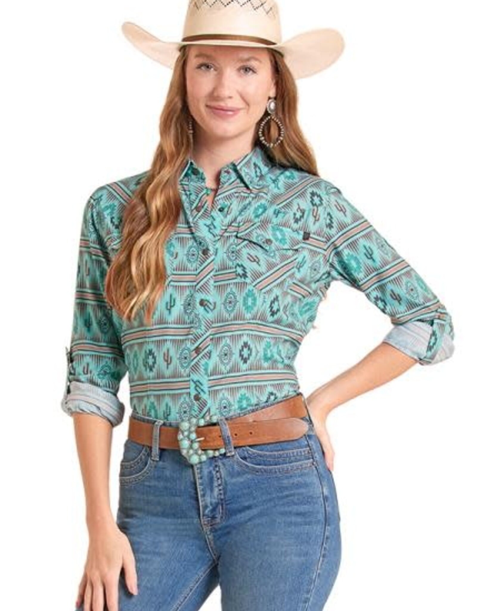 Womens Vented Turquoise TEK Ripstop Cactus Print Western Snap Shirt