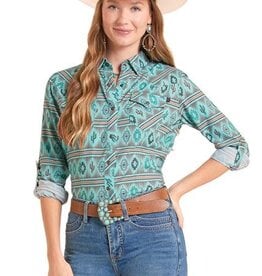 Womens Vented Turquoise TEK Ripstop Cactus Print Western Snap Shirt