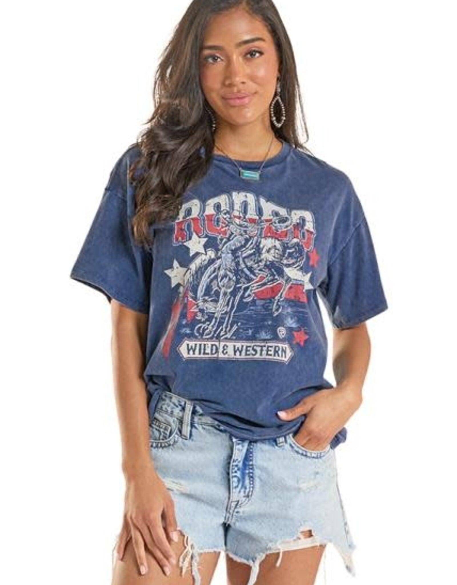 Womens Rock N Roll American RWB Rodeo Distressed Navy Short Sleeve T Shirt